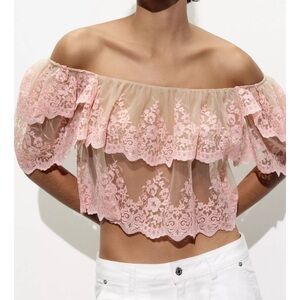Nwt Zara Pink Lace Off-Shoulder Crop Top size M